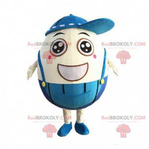 Smiling egg mascot with overalls, giant egg costume -