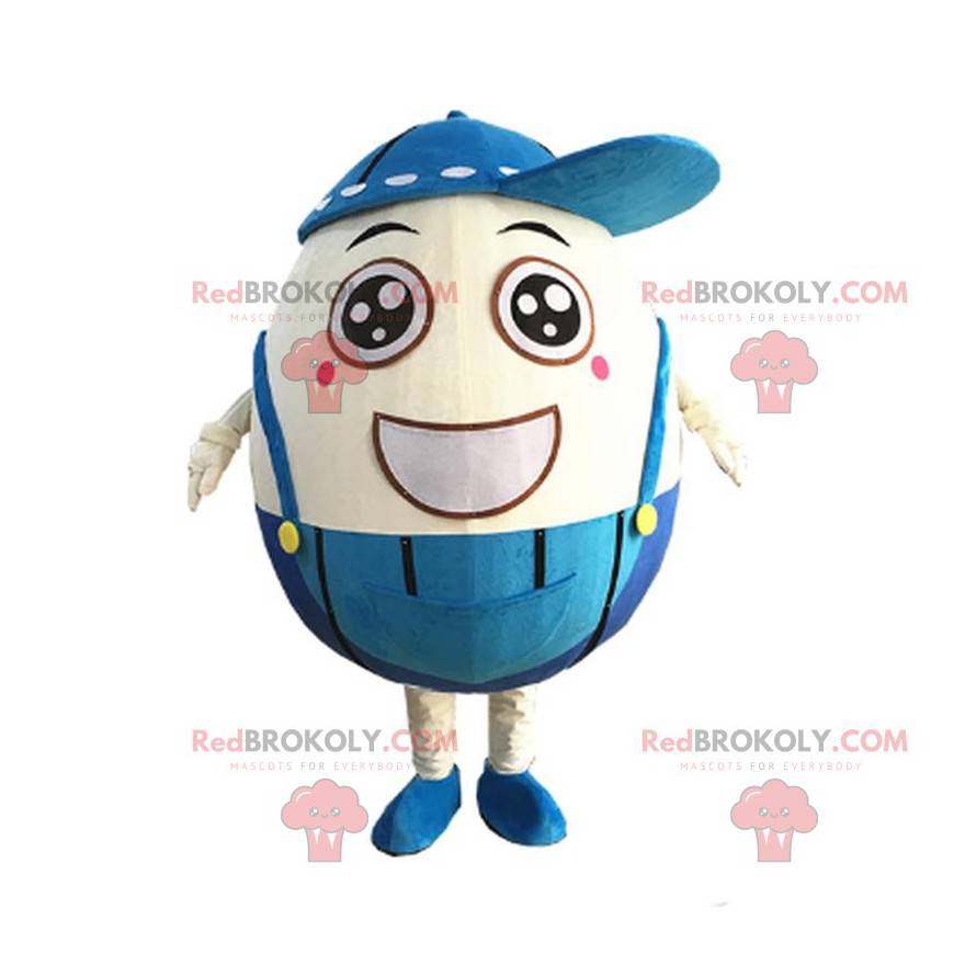 O mascote sorridente com macacão e fantasia de ovo gigante -