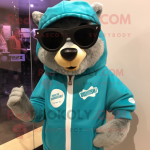 Turquoise Mongoose mascot costume character dressed with a Sweatshirt and Eyeglasses