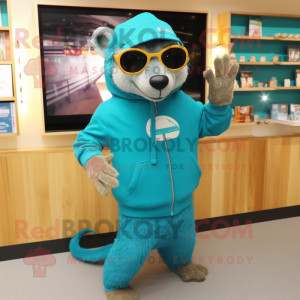 Turquoise Mongoose mascot costume character dressed with a Sweatshirt and Eyeglasses