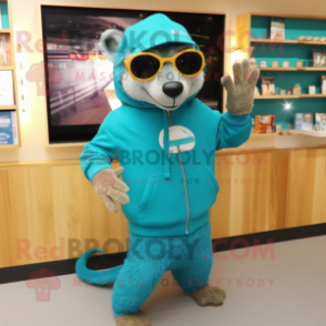 Turquoise Mongoose mascot costume character dressed with a Sweatshirt and Eyeglasses