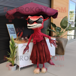 Maroon Dimorphodon mascot costume character dressed with a Wrap Skirt and Sunglasses