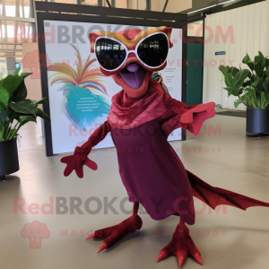 Maroon Dimorphodon mascot costume character dressed with a Wrap Skirt and Sunglasses