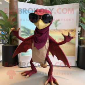 Maroon Dimorphodon mascot costume character dressed with a Wrap Skirt and Sunglasses