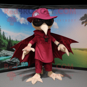 Maroon Dimorphodon mascot costume character dressed with a Wrap Skirt and Sunglasses