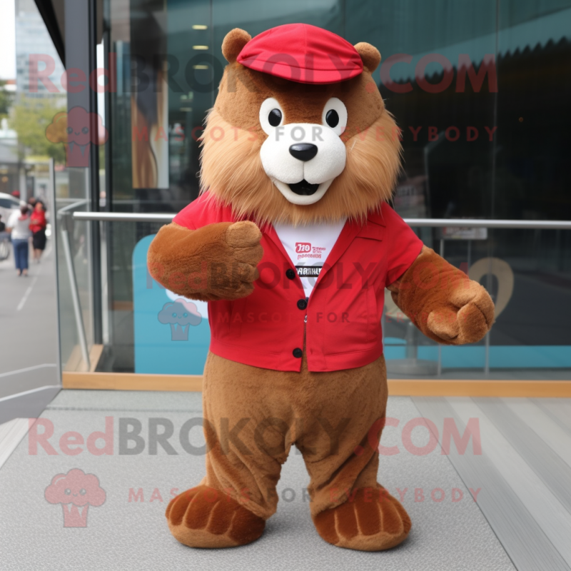 Red Beaver mascot costume character dressed with a Boyfriend Jeans and Hairpins