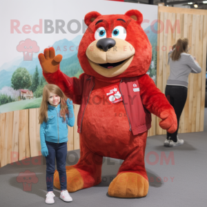 Red Beaver mascot costume character dressed with a Boyfriend Jeans and Hairpins