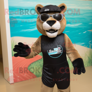 Black Mountain Lion mascot costume character dressed with a Swimwear and Ties
