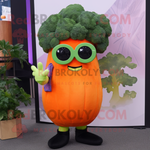 Orange Broccoli mascot costume character dressed with a Shift Dress and Eyeglasses