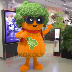 Orange Broccoli mascot costume character dressed with a Shift Dress and Eyeglasses