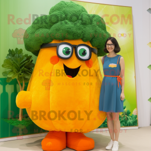 Orange Broccoli mascot costume character dressed with a Shift Dress and Eyeglasses