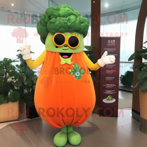 Orange Broccoli mascot costume character dressed with a Shift Dress and Eyeglasses