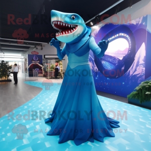 Blue Megalodon mascot costume character dressed with a Evening Gown and Anklets