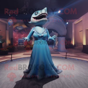 Blue Megalodon mascot costume character dressed with a Evening Gown and Anklets