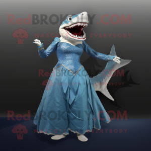 Blue Megalodon mascot costume character dressed with a Evening Gown and Anklets