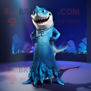 Blue Megalodon mascot costume character dressed with a Evening Gown and Anklets