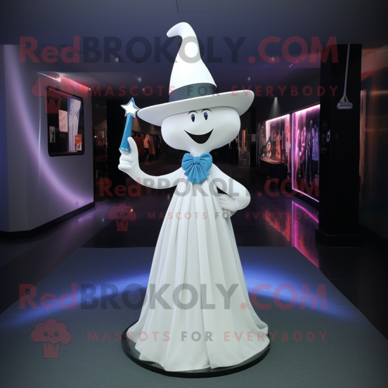 White Witch'S Hat mascot costume character dressed with a Evening Gown and Bow ties White Witch'S Hat mascot costume character dressed with a Evening Gown and Bow ties