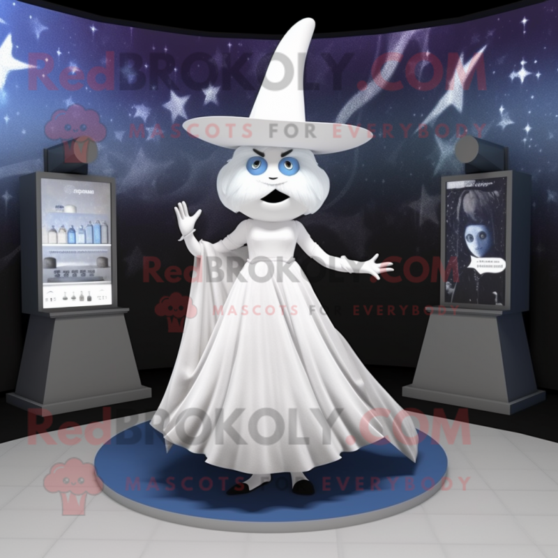 White Witch'S Hat mascot costume character dressed with a Evening Gown and Bow ties White Witch'S Hat mascot costume character dressed with a Evening Gown and Bow ties