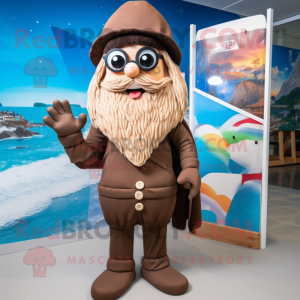 Brown Wizard mascot costume character dressed with a Board Shorts and Beanies