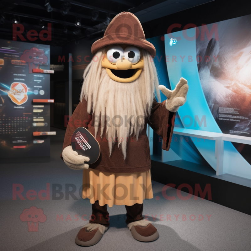 Brown Wizard mascot costume character dressed with a Board Shorts and Beanies Brown Wizard mascot costume character dressed with a Board Shorts and Beanies