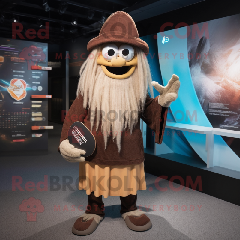 Brown Wizard mascot costume character dressed with a Board Shorts and Beanies