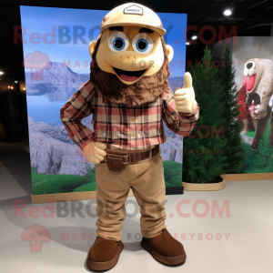 Brown Commando mascot costume character dressed with a Flannel Shirt and Caps
