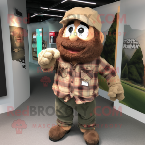 Brown Commando mascot costume character dressed with a Flannel Shirt and Caps