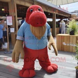 Red Walrus mascot costume character dressed with a Chambray Shirt and Hair clips