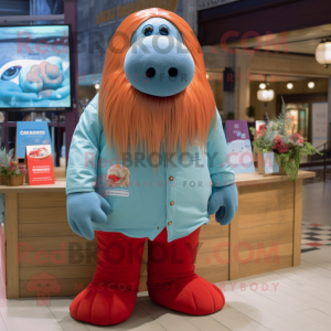 Red Walrus mascot costume character dressed with a Chambray Shirt and Hair clips