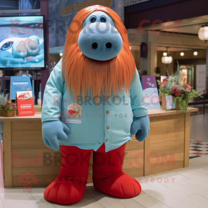 Red Walrus mascot costume character dressed with a Chambray Shirt and Hair clips Red Walrus mascot costume character dressed with a Chambray Shirt and Hair clips