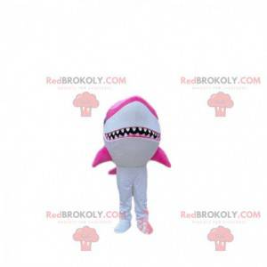 White and pink shark mascot, giant shark costume -