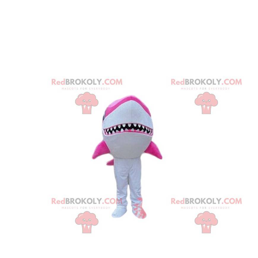 White and pink shark mascot, giant shark costume -