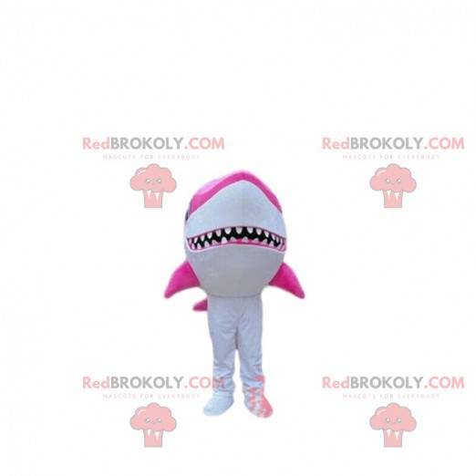 Mascote de tubarão branco e rosa, fantasia de tubarão gigante -