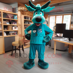 Teal Moose mascot costume character dressed with a Jumpsuit and Ties