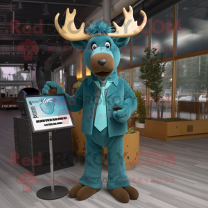 Teal Moose mascot costume character dressed with a Jumpsuit and Ties