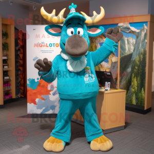 Teal Moose mascot costume character dressed with a Jumpsuit and Ties