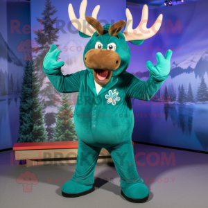 Teal Moose mascot costume character dressed with a Jumpsuit and Ties