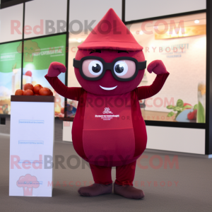 Maroon Raspberry mascot costume character dressed with a Yoga Pants and Reading glasses