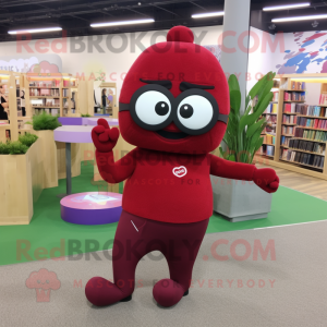 Maroon Raspberry mascot costume character dressed with a Yoga Pants and Reading glasses