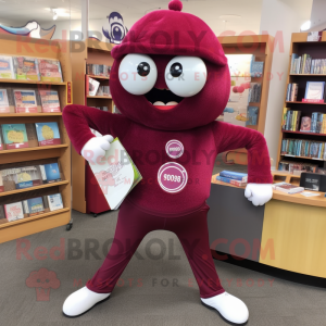 Maroon Raspberry mascot costume character dressed with a Yoga Pants and Reading glasses