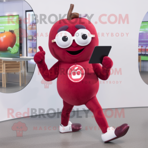 Maroon Raspberry mascot costume character dressed with a Yoga Pants and Reading glasses