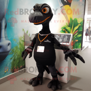 Black Coelophysis mascot costume character dressed with a V-Neck Tee and Messenger bags