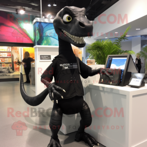 Black Coelophysis mascot costume character dressed with a V-Neck Tee and Messenger bags