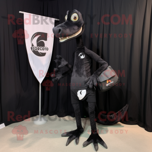 Black Coelophysis mascot costume character dressed with a V-Neck Tee and Messenger bags