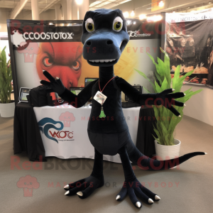 Black Coelophysis mascot costume character dressed with a V-Neck Tee and Messenger bags