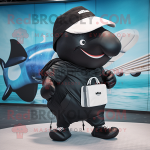 Black Whale mascot costume character dressed with a Chinos and Handbags