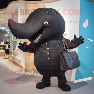 Black Whale mascot costume character dressed with a Chinos and Handbags