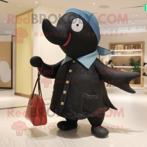 Black Whale mascot costume character dressed with a Chinos and Handbags