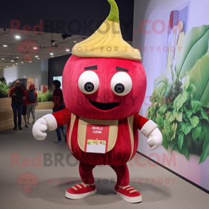 Red Turnip mascot costume character dressed with a Skinny Jeans and Backpacks