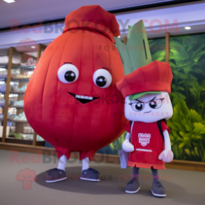 Red Turnip mascot costume character dressed with a Skinny Jeans and Backpacks